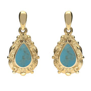 9ct Yellow Gold Turquoise Pear Shaped Leaf Drop Earrings, E083.