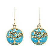 9ct Yellow Gold Turquoise Round Large Tree of Life Leaves Drop Earrings, E2427.