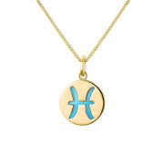 9ct Yellow Gold Turquoise Zodiac Pisces Round Necklace, P3605.