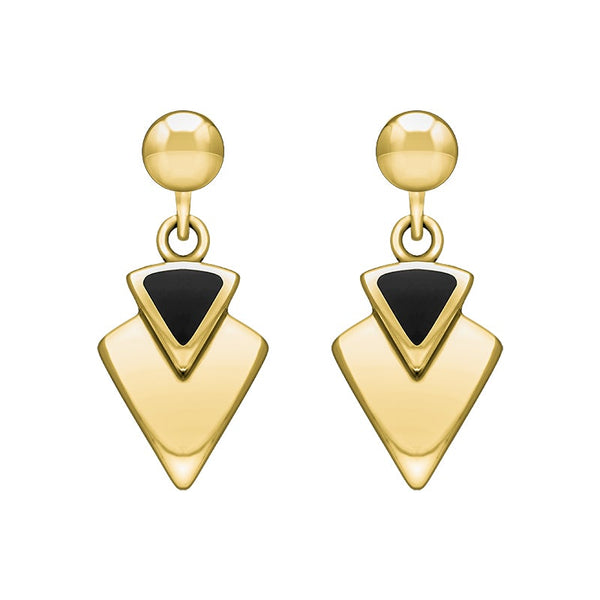 9ct Yellow Gold Whitby Jet Arrowhead Drop Earrings. E201.