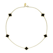 9ct Yellow Gold Whitby Jet Bloom Four Leaf Clover Long Necklace, N1128.