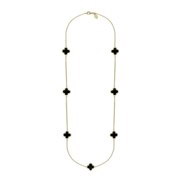 9ct Yellow Gold Whitby Jet Bloom Four Leaf Clover Long Necklace, N1129.