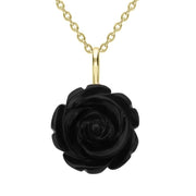 9ct Yellow Gold Whitby Jet Carved Rose Necklace, P2850