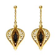 9ct Yellow Gold Whitby Jet Flore Filigree Drop Earrings E1781