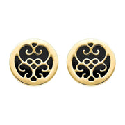 9ct Yellow Gold Whitby Jet Flore Filigree Stud Earrings, E1782