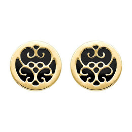 9ct Yellow Gold Whitby Jet Flore Filigree Stud Earrings, E1782