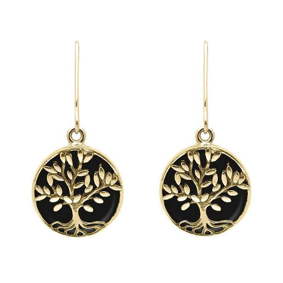 9ct Yellow Gold Whitby Jet Round Large Leaves Tree of Life Two Piece Set, S062.