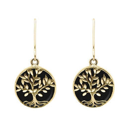 9ct Yellow Gold Whitby Jet Round Large Leaves Tree of Life Two Piece Set, S062.