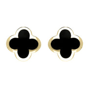 9ct Yellow Gold Whitby Jet Bloom Four Leaf Clover Stud Earrings, E2465.