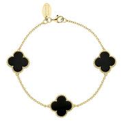 9ct Yellow Gold Whitby Jet Bloom Three Stone Four Leaf Clover Ball Edge Chain Bracelet, B1153.