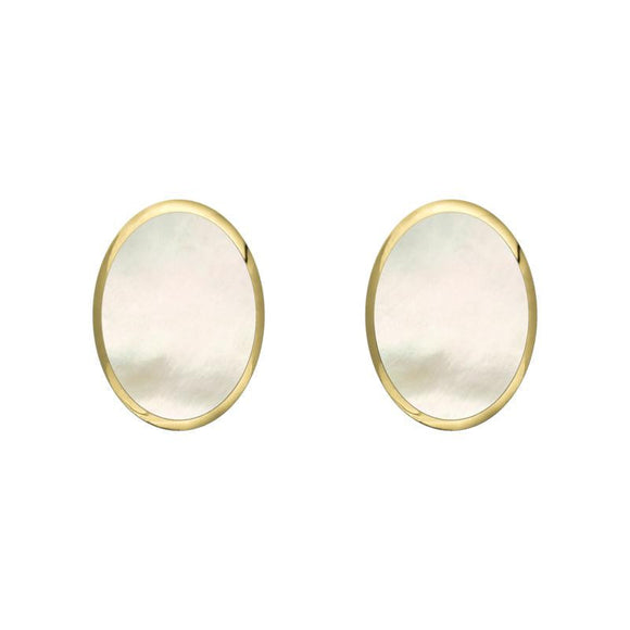 9ct Yellow Gold White Mother of Pearl 7 x 5mm Classic Small Oval Stud Earrings, E005.