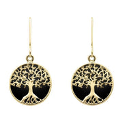 9ct Yellow Gold Whitby Jet Round Tree Drop Earrings E2429