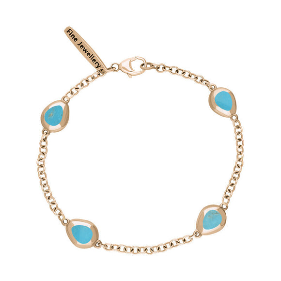 9ct Rose Gold Turquoise Oval Fleur De Lis Detail Four Stone Bracelet, B798.
