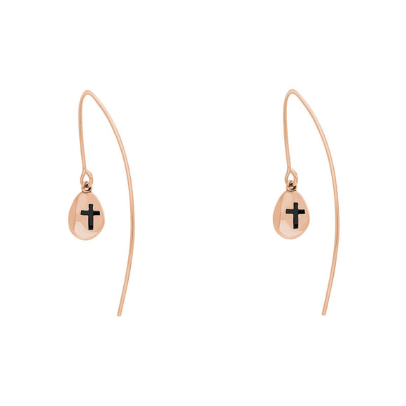 9ct Rose Gold Whitby Jet Cross Disc Drop Earrings, E1374.