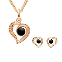 9ct Rose Gold Whitby Jet Ridged Heart Two Piece Set S021