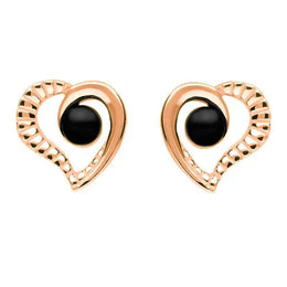 9ct Rose Gold Whitby Jet Ridged Heart Two Piece Set S021