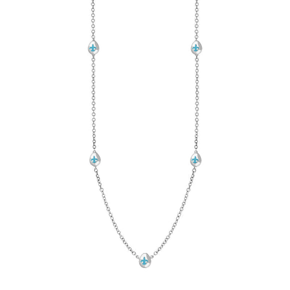 9ct White Gold Turquoise Fleur De Lis Link Disc Chain Necklace, N747.