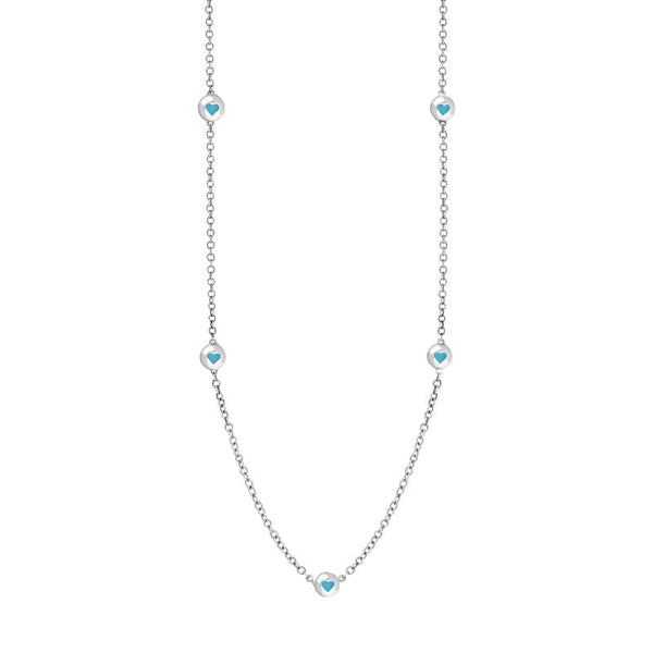 9ct White Gold Turquoise Heart Link Disc Chain Necklace, N746.