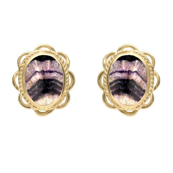 9ct Yellow Gold Blue John Large Rope Oval Frill Stud Earrings, E079