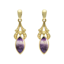 9ct Yellow Gold Blue John Marquise Drop Earrings. E075.