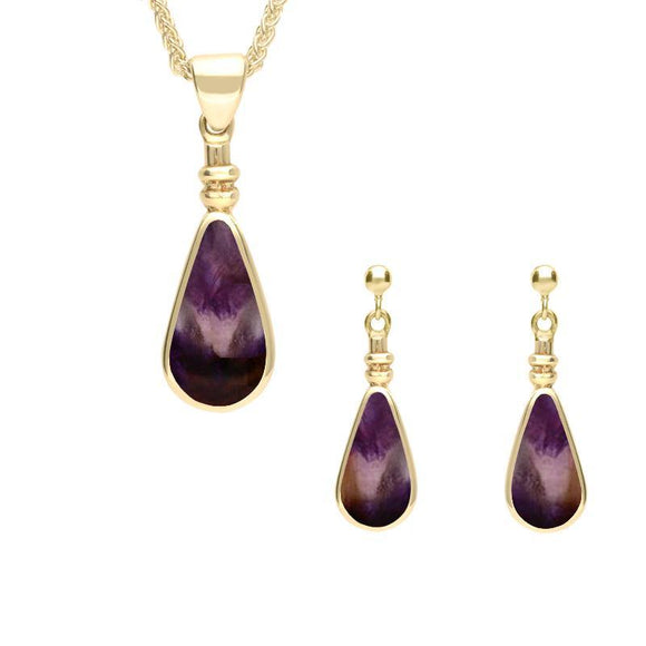 9ct Yellow Gold Blue John Pear Shaped Bottle Top Two Piece Set S046