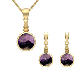 9ct Yellow Gold Blue John Round Bottletop Two Piece Set S051