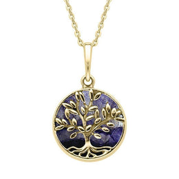 9ct Yellow Gold Blue John Small Round Large Leaves Tree of Life Necklace P3340