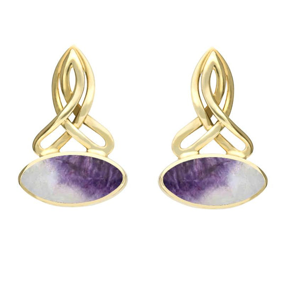 9ct Yellow Gold Blue John Wide Marquise Celtic Stud Earrings E977