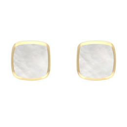 9ct Yellow Gold Mother of Pearl Dinky Cushion Stud Earrings. E335.