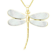 9ct Yellow Gold Mother of Pearl Four Stone Large Dragonfly Necklace. P460.