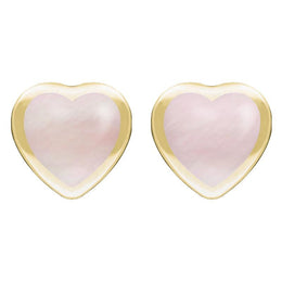 9ct Yellow Gold Pink Mother Of Pearl Large Framed Heart Stud Earrings. E433.