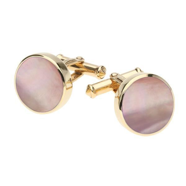 9ct Yellow Gold Pink Mother Of Pearl Round Shape Cufflinks, CL004