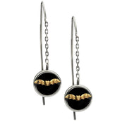 9ct Yellow Gold Sterling Silver Whitby Jet Gothic Bat Chain Drop Earrings. E1317