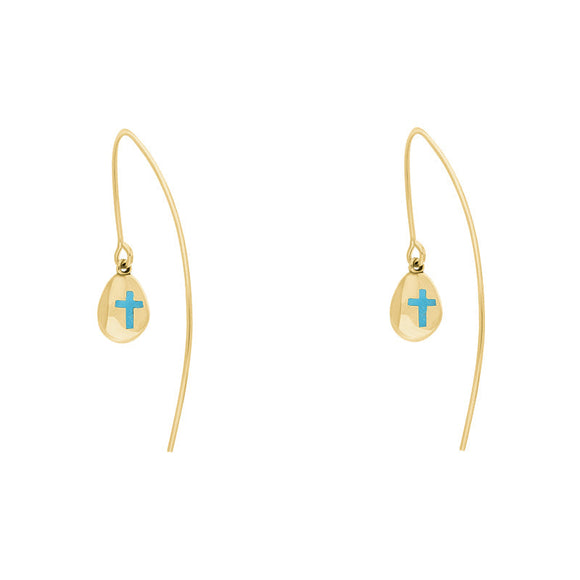 9ct Yellow Gold Turquoise Cross Disc Drop Earrings, E1374.