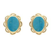 9ct Yellow Gold Turquoise Large Rope Oval Frill Stud Earrings, E079