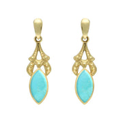 9ct Yellow Gold Turquoise Marquise Drop Earrings. E075.