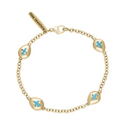 9ct Yellow Gold Turquoise Oval Fleur De Lis Detail Four Stone Bracelet