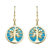 9ct Yellow Gold Turquoise Round Tree of Life Drop Earrings E2485