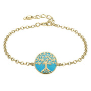9ct Yellow Gold Turquoise Round Tree of Life Chain Bracelet B1140