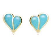 9ct Yellow Gold Turquoise Split Heart Stud Earrings. E364.