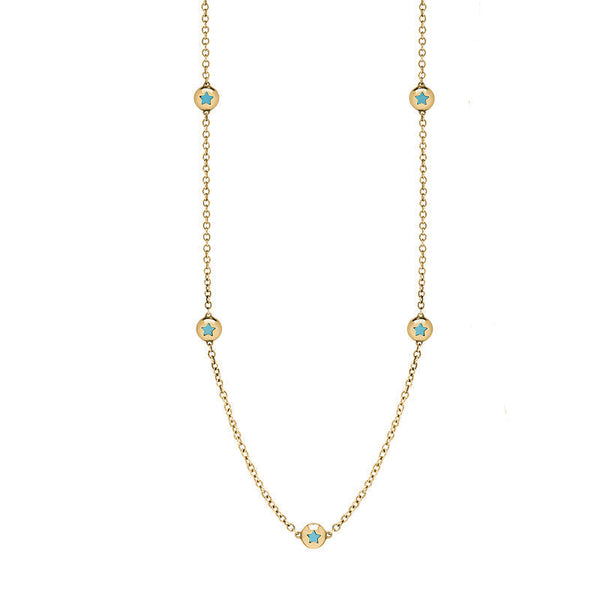 9ct Yellow Gold Turquoise Star Link Disc Chain Necklace, N744.