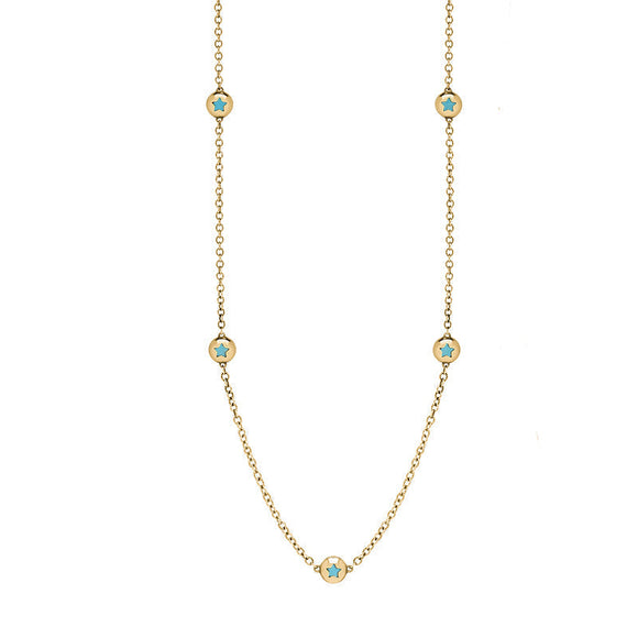 9ct Yellow Gold Turquoise Star Link Disc Chain Necklace, N744.