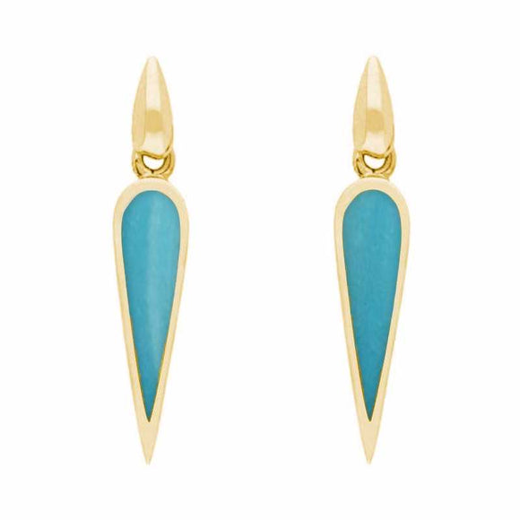 9ct Yellow Gold Turquoise Toscana Slim Pear Drop Earrings. E1123.