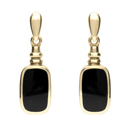 9ct Yellow Gold Whitby Jet Oblong Bottle Top Drop Earrings. E055.