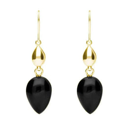 9ct Yellow Gold Whitby Jet Carved Pear Bead Drop Hook Earrings E1530