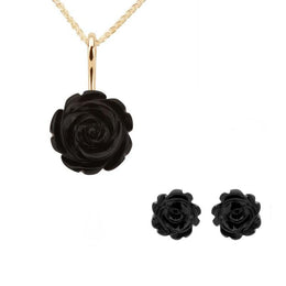 9ct Yellow Gold Whitby Jet Carved Rose Two Piece Set