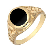 9ct Yellow Gold Whitby Jet Carved Shoulder Oval Signet Ring. R100