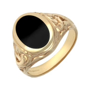 9ct Yellow Gold Whitby Jet Carved Shoulder Oval Signet Ring. R101.