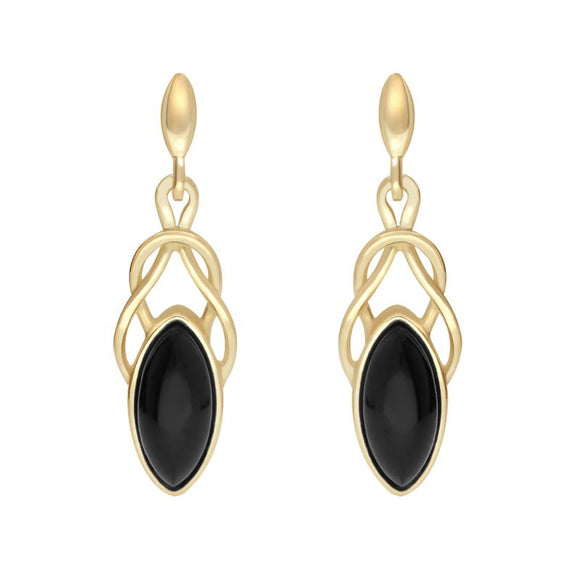 9ct Yellow Gold Whitby Jet Celtic Twist Drop Stud Earrings E984