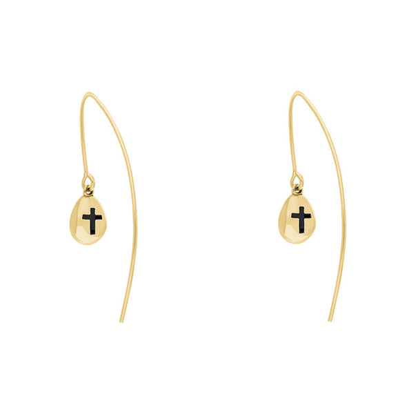 9ct Yellow Gold Whitby Jet Cross Disc Drop Earrings, E1374.